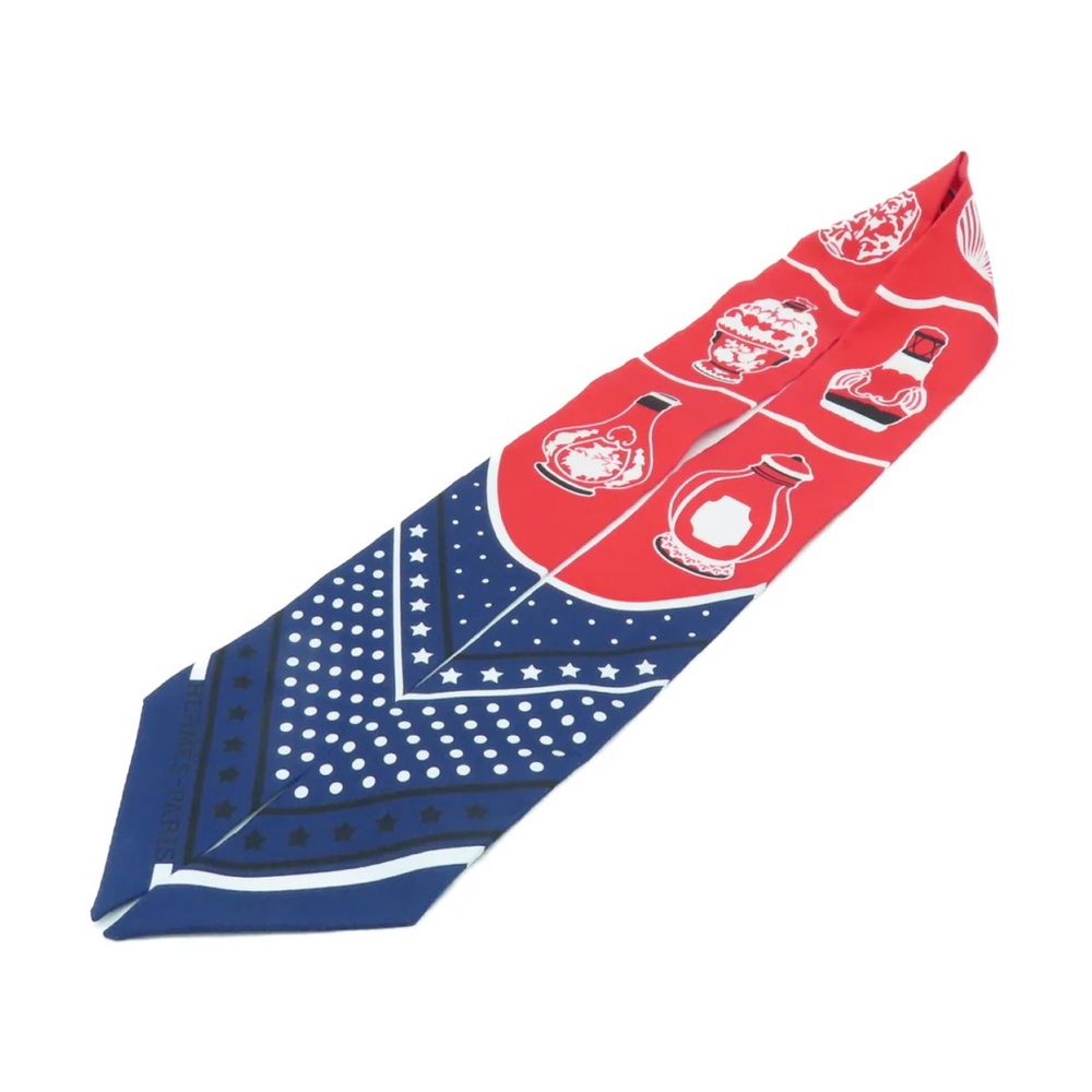 HERMÈS SILK TWILLY SCARF LES FLACONS BANDANA MARINE/ ROUGE/ BLANC - Picture 4 of 13